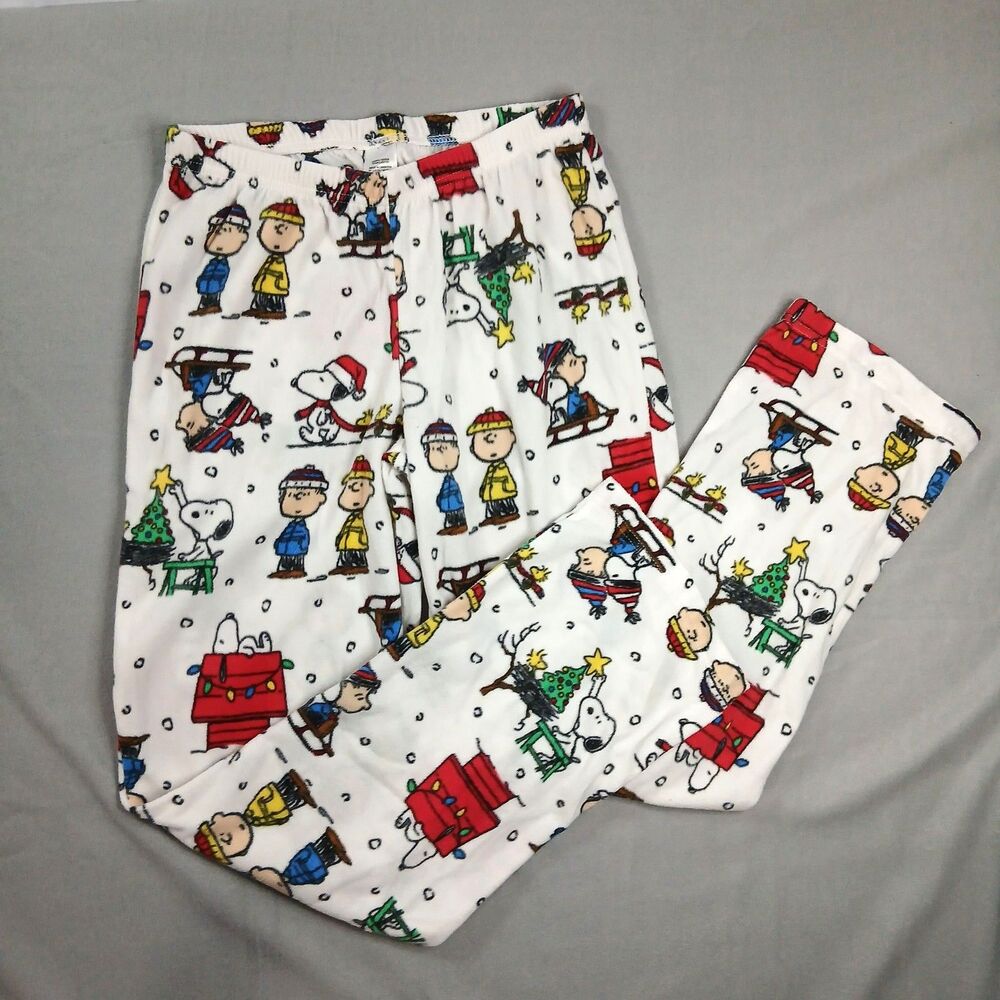 Peanuts Snoopy Charlie Brown Flannel Pajama Bottoms Holiday Christmas Womens XS